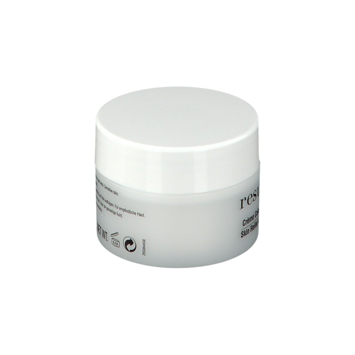 Pot de crème avec couvercle blanc. Inscription : resultime. Dos avec texte en plusieurs langues.