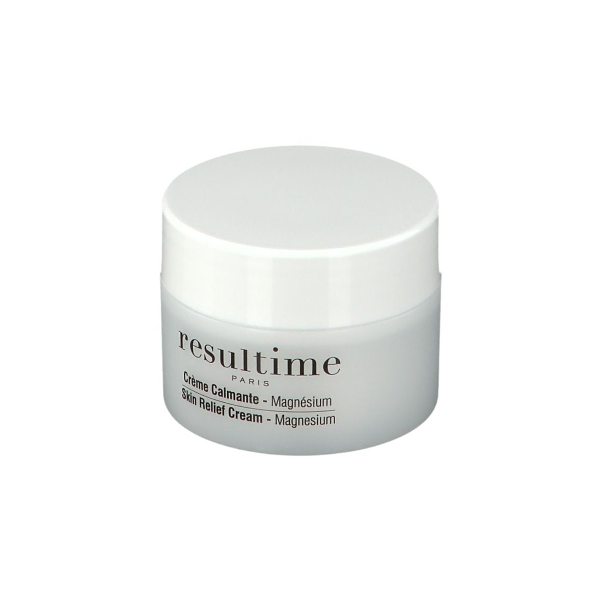 Pot de crème avec couvercle blanc. Inscription : resultime PARIS, Crème Calmante - Magnésium, Skin Relief Cream - Magnesium.