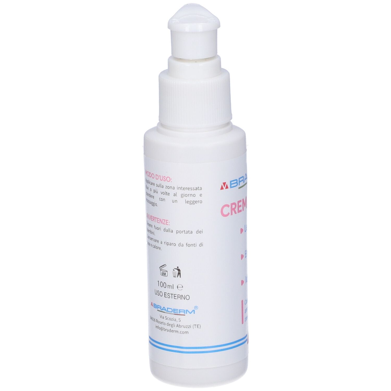 Flacone bianco con dosatore. Scritta: Crema Intima. Testo e logo. Linea blu in basso.
