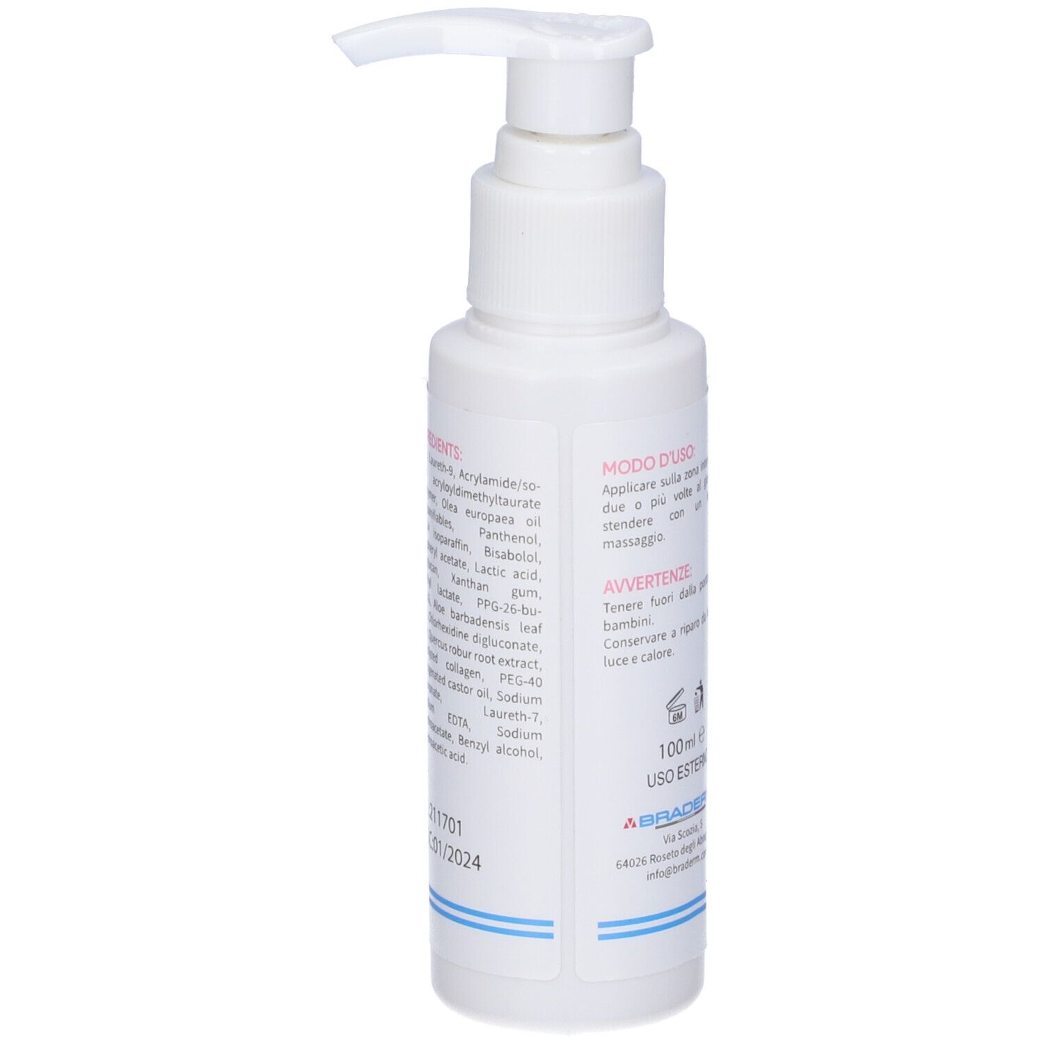 Flacone bianco con dosatore. Scritta: Crema Intima. Elenco ingredienti. Linea blu in basso.