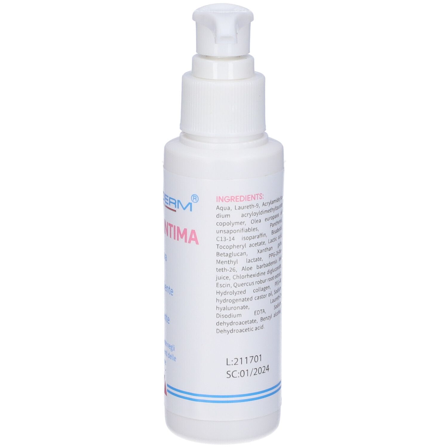 Flacone bianco con dosatore. Scritta: Crema Intima. Elenco ingredienti. Linea blu in basso.