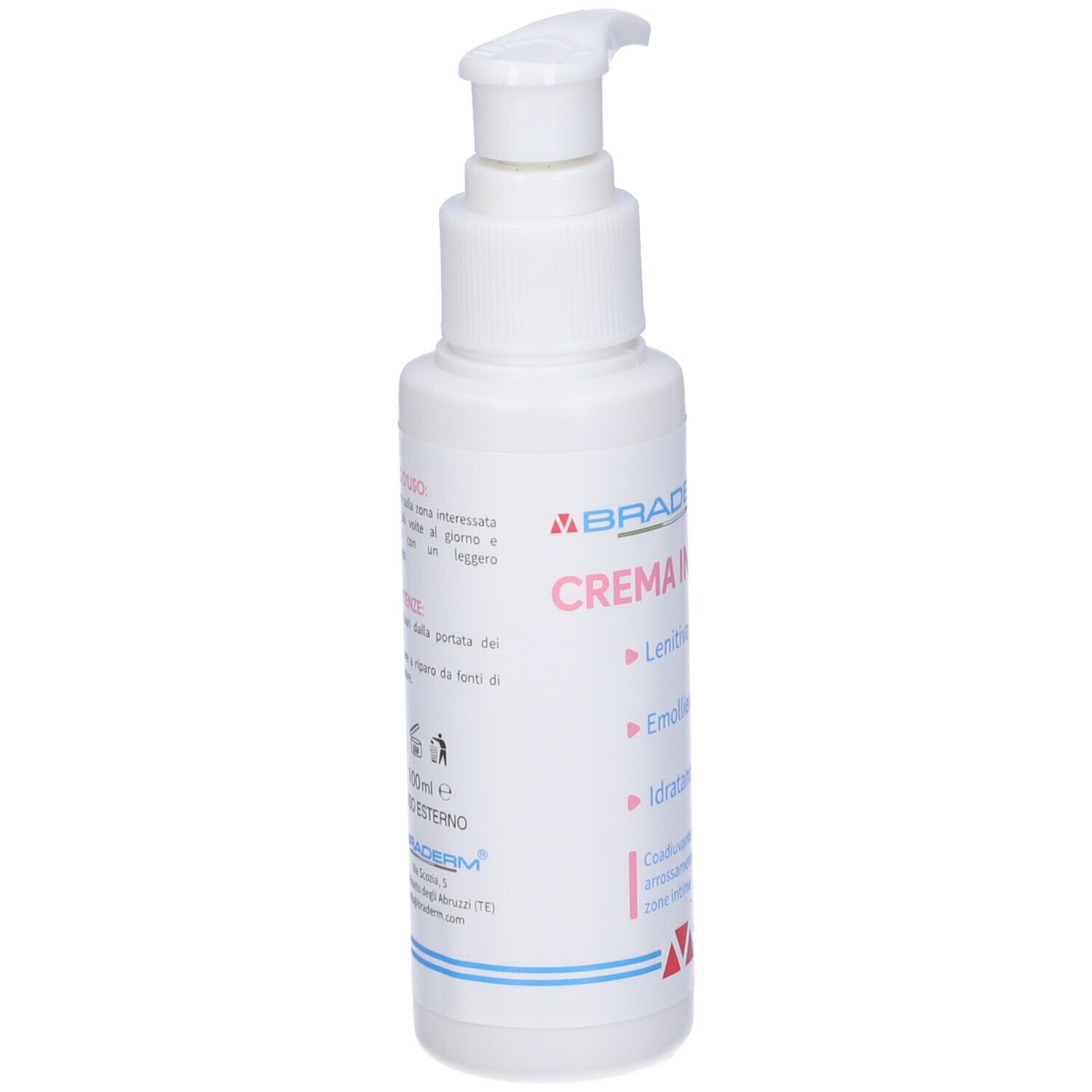 Flacone bianco con dosatore. Scritta: Crema Intima. Proprietà: Lenitiv, Emolliente, Idratante.