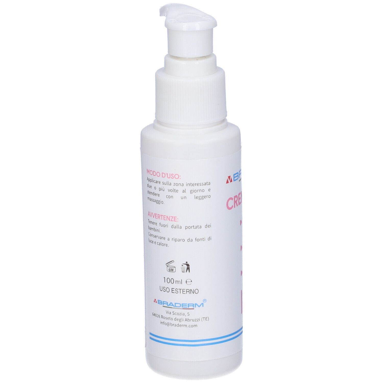 Flacone bianco con dosatore. Scritta: Crema Intima. Modo d'uso. Linea blu in basso.