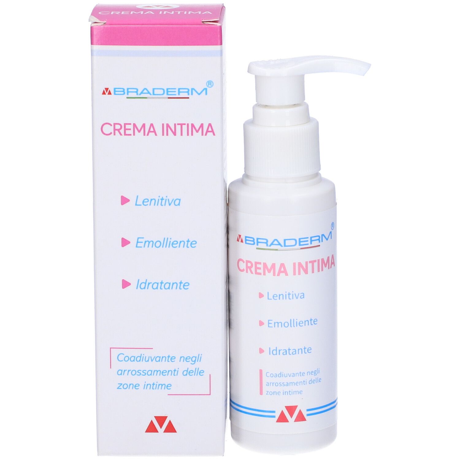 Flacone bianco con dosatore e scatola. Scritta: Crema Intima. Proprietà: Lenitiv, Emolliente, Idratante.