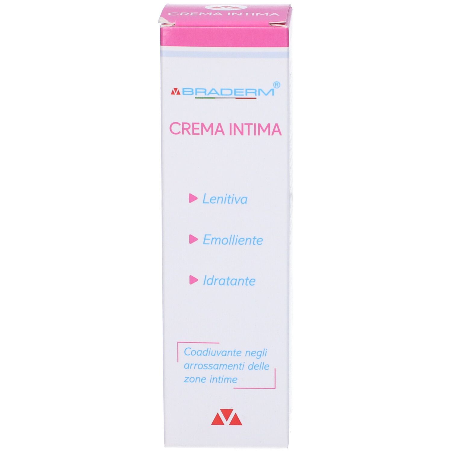 Scatola con scritta: Crema Intima. Proprietà: Lenitiv, Emolliente, Idratante. Dettagli rosa.