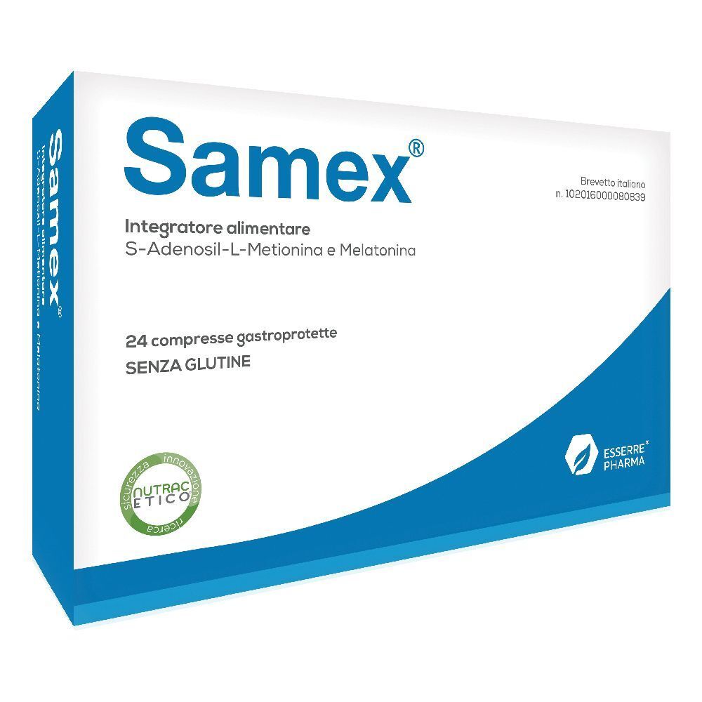 Scatola di "Samex". Confezione blu e bianca. Contiene 24 compresse. Testo: S-Adenosil-L-Metionina e Melatonina.