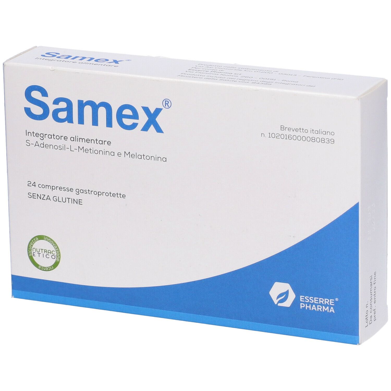 Scatola "Samex". Confezione bianca con onda blu. Contiene 24 compresse. Testo: S-Adenosil-L-Metionina e Melatonina.