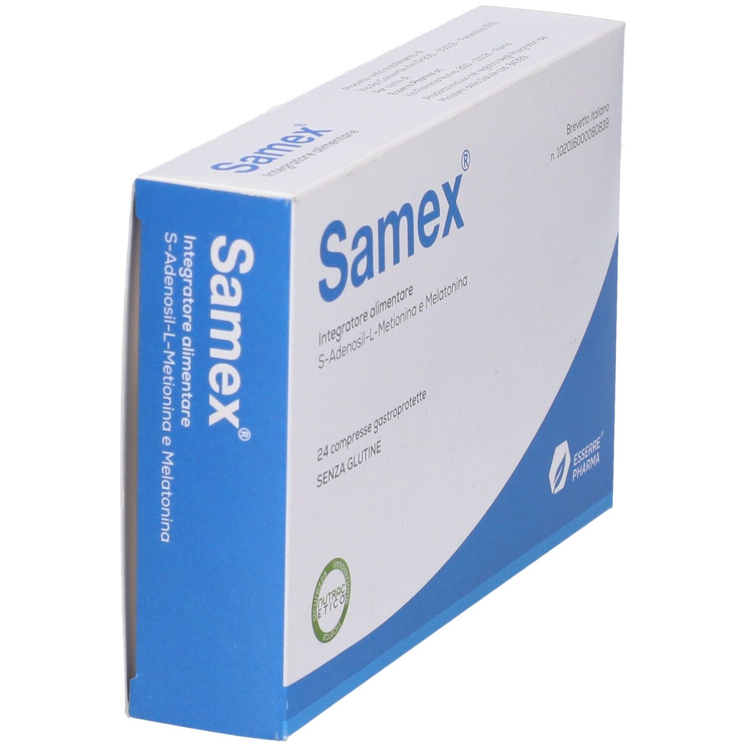 Scatola "Samex". Confezione blu e bianca. Contiene 24 compresse. Testo: S-Adenosil-L-Metionina e Melatonina.