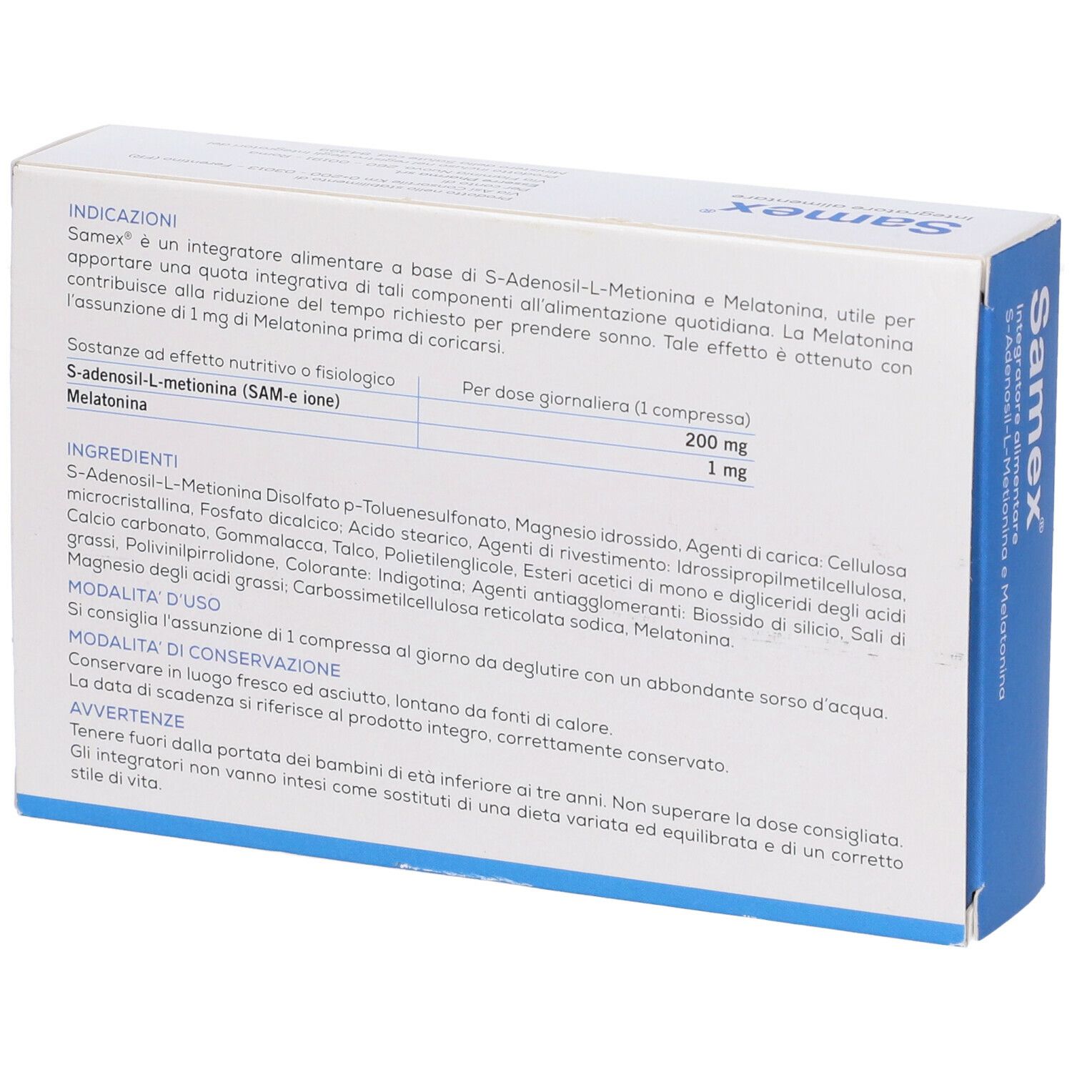 Retro della scatola "Samex". Contiene informazioni sugli ingredienti e l'uso. Testo: S-Adenosil-L-Metionina e Melatonina.