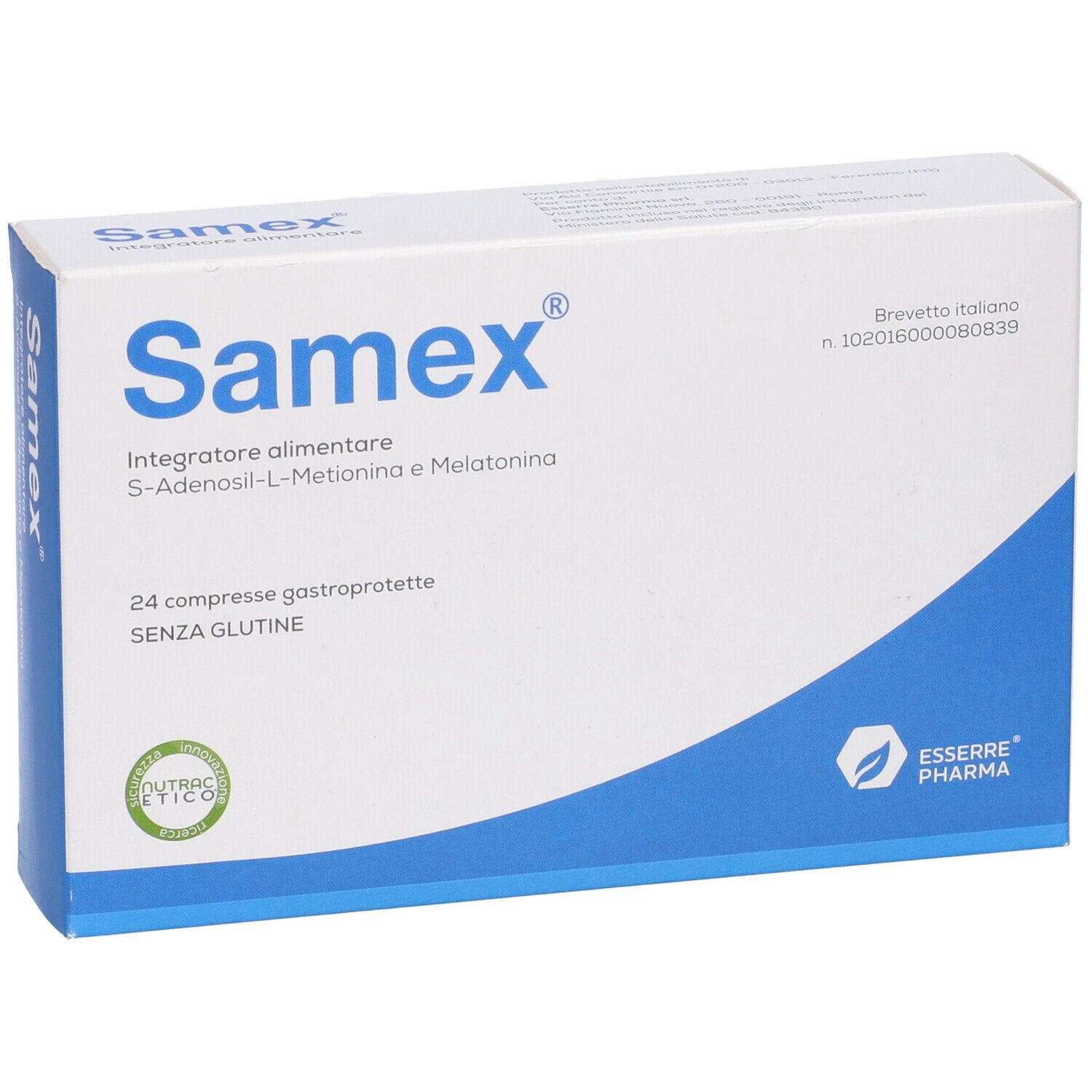 Scatola "Samex". Confezione bianca con onda blu. Contiene 24 compresse. Testo: S-Adenosil-L-Metionina e Melatonina.