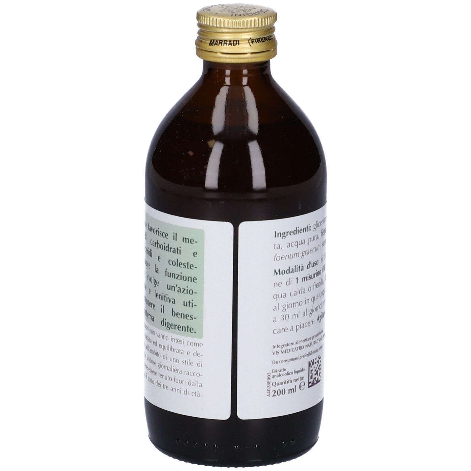 Bottiglia di vetro marrone con etichetta. Scritta: Fieno Greco Estratto Integrale. Informazioni su ingredienti e uso.