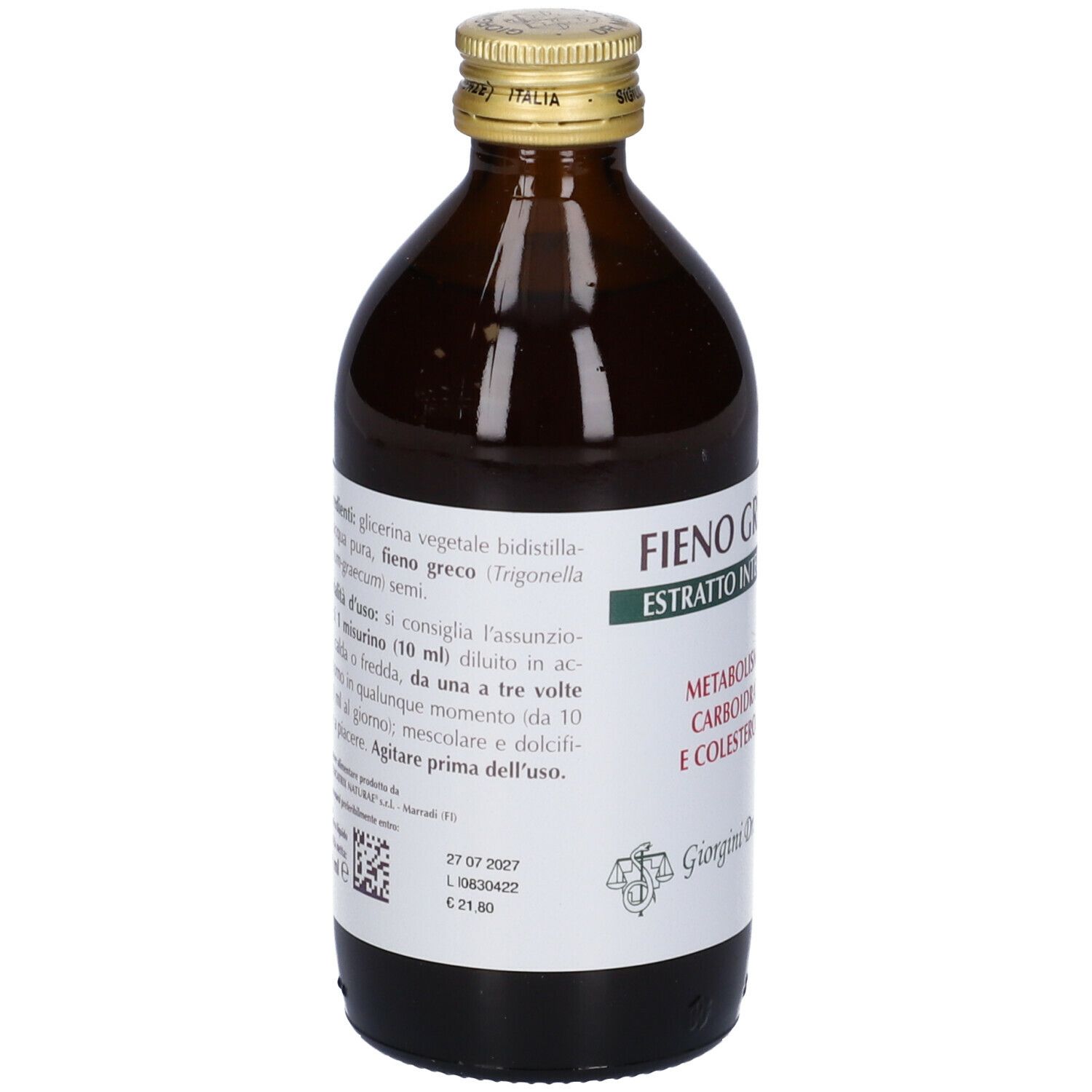Bottiglia di vetro marrone con etichetta. Scritta: Fieno Greco Estratto Integrale. Informazioni su ingredienti e uso.