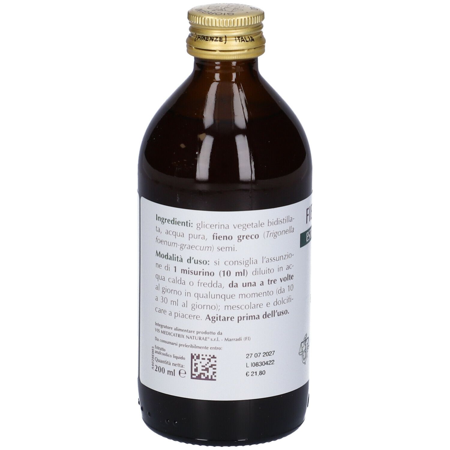 Bottiglia di vetro marrone con etichetta. Scritta: Fieno Greco Estratto Integrale. Informazioni su ingredienti e uso.