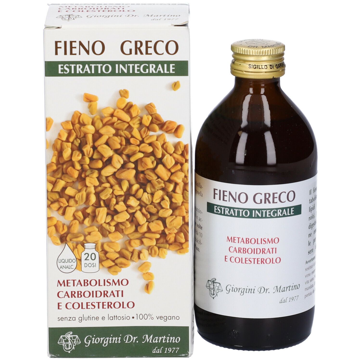 Confezione e bottiglia del prodotto. Scritta: Fieno Greco Estratto Integrale. Informazioni su metabolismo e colesterolo.