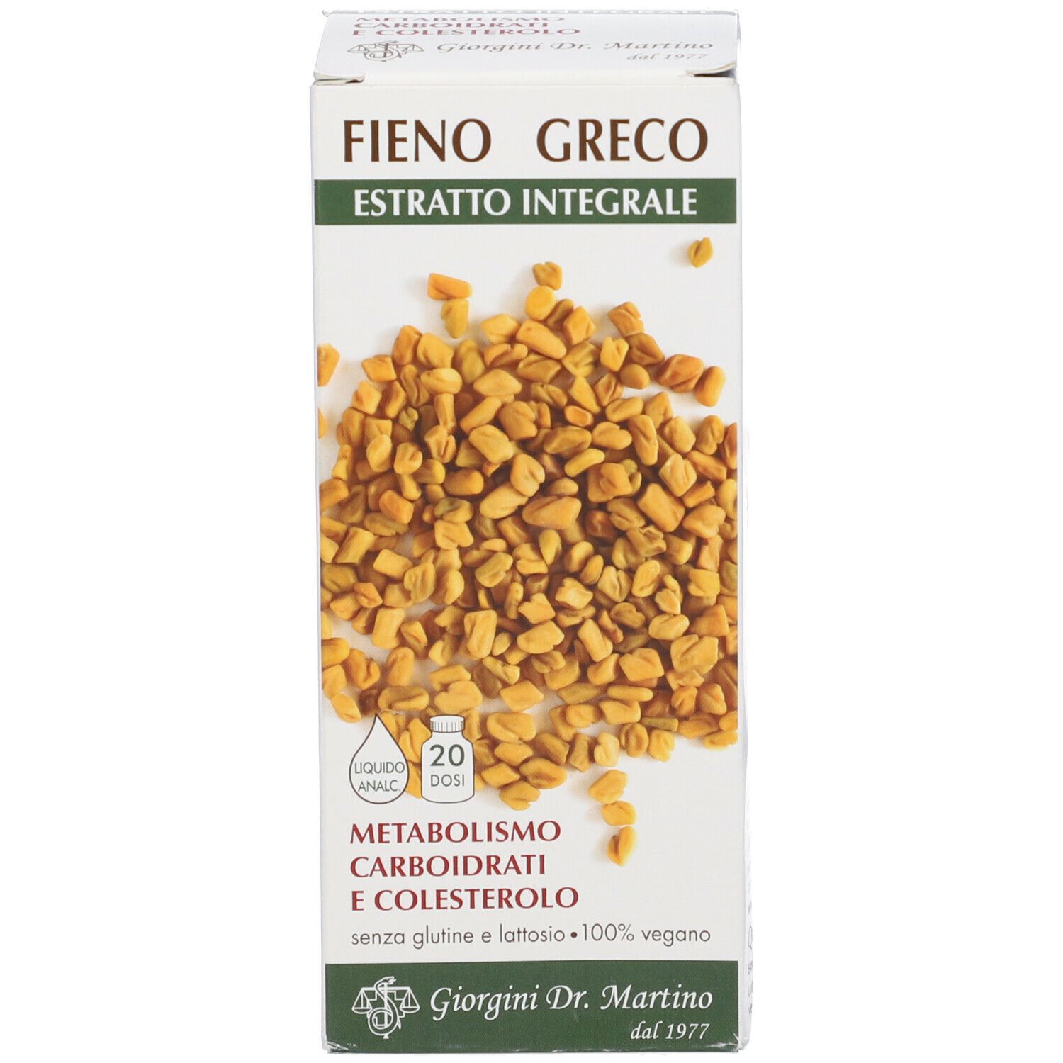 Confezione del prodotto con semi. Scritta: Fieno Greco Estratto Integrale. Informazioni su metabolismo e colesterolo.