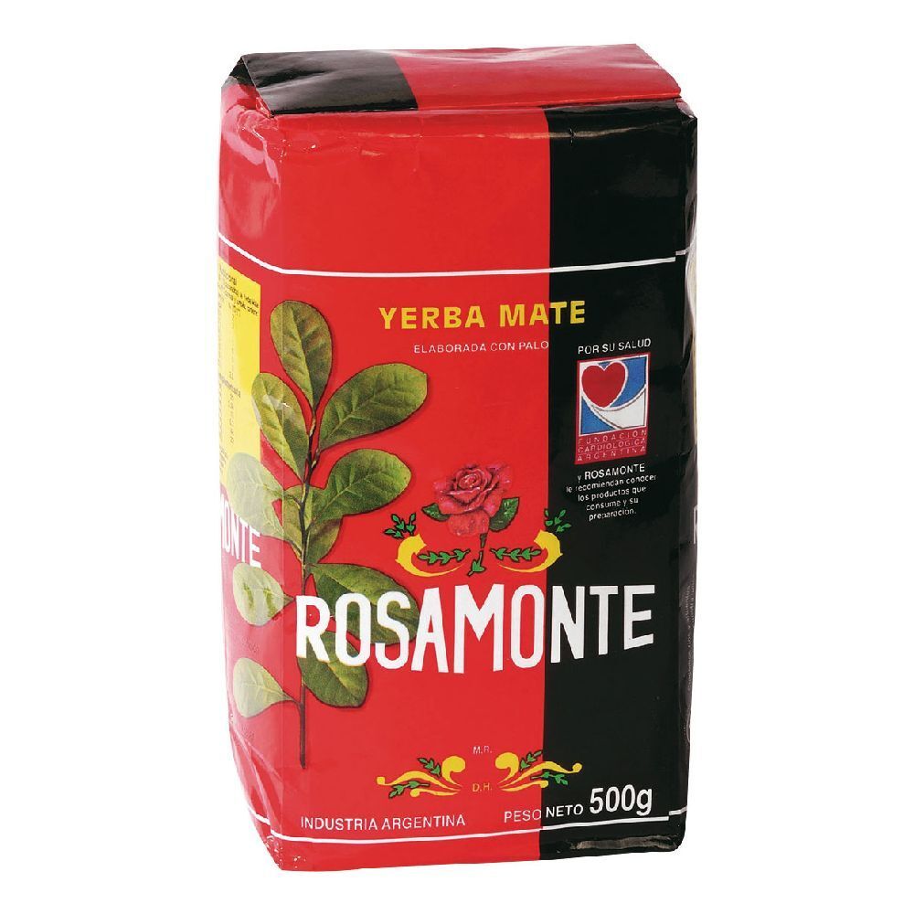Confezione rossa e nera Rosamonte. Scritta Yerba Mate, 500g. Illustrazione di pianta e rosa.