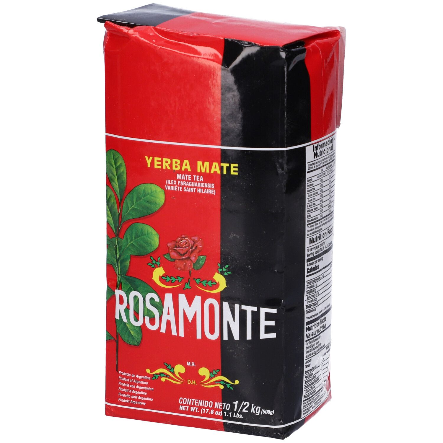 Confezione rossa e nera Rosamonte. Scritta Yerba Mate, 1/2 kg. Contiene informazioni nutrizionali.