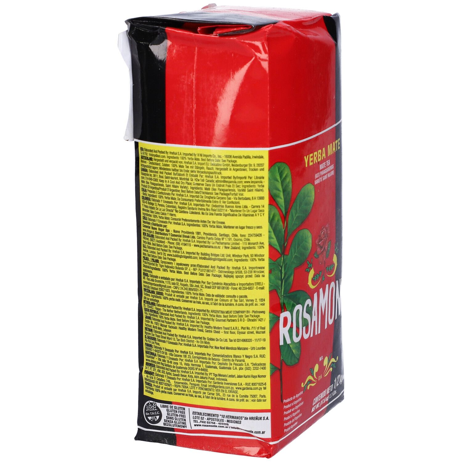 Confezione rossa e nera Rosamonte. Scritta Yerba Mate. Contiene informazioni testuali.