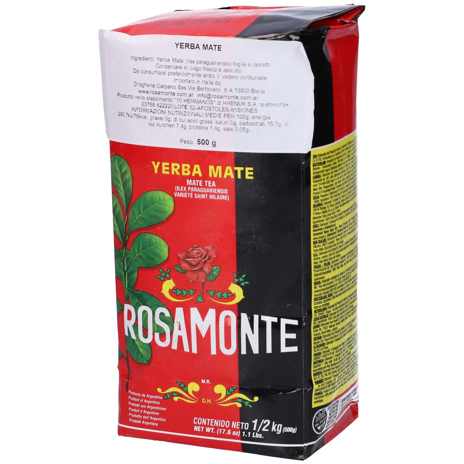 Confezione rossa e nera Rosamonte. Scritta Yerba Mate, 1/2 kg. Contiene informazioni testuali.