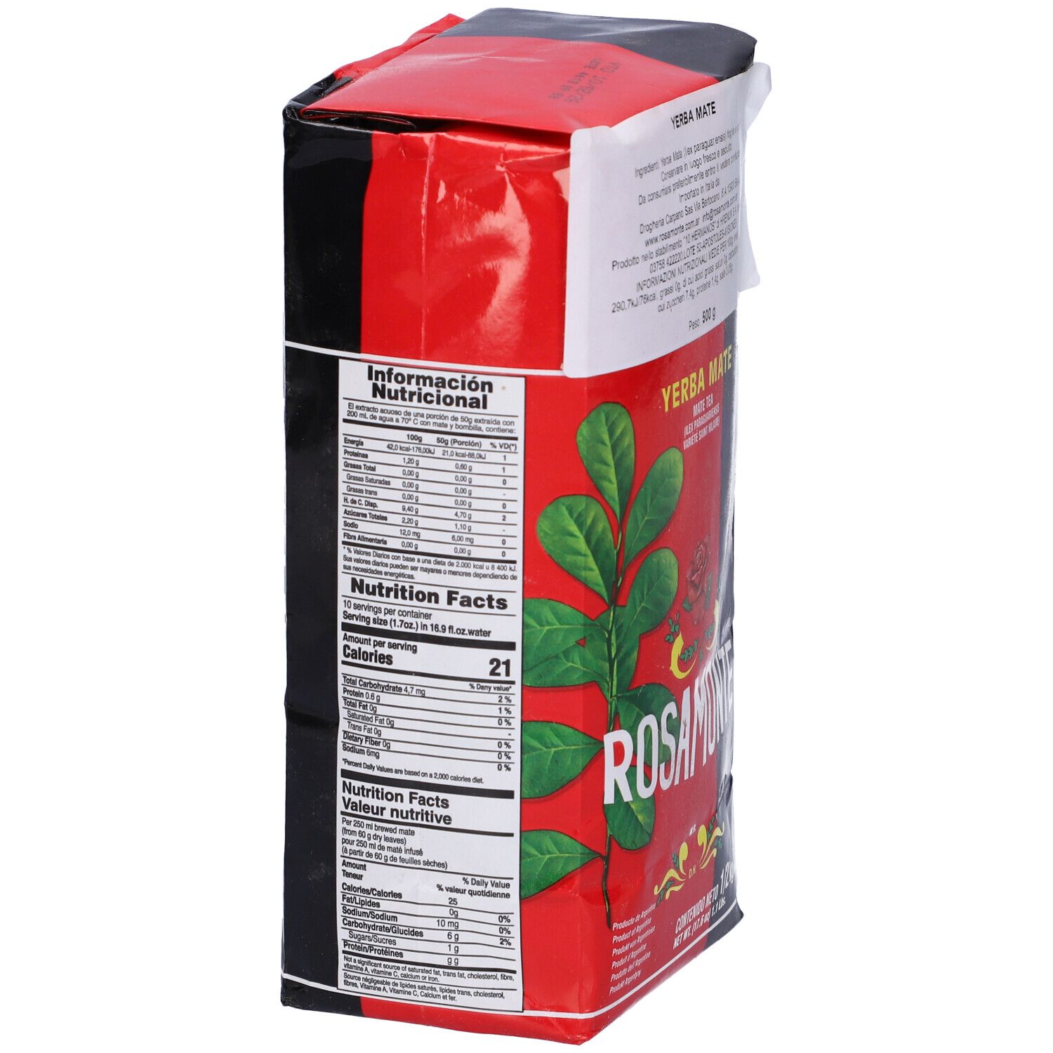Confezione rossa e nera Rosamonte. Scritta Yerba Mate. Contiene informazioni nutrizionali.
