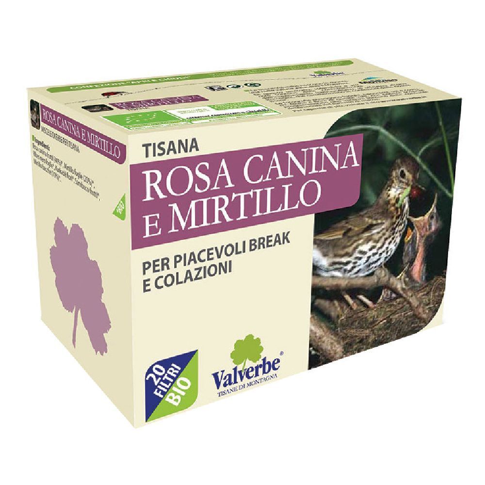 Scatola con testo: Rosa Canina e Mirtillo, 20 filtri, Valverbe. Certificazione bio. Immagine: uccello che nutre il suo piccolo.