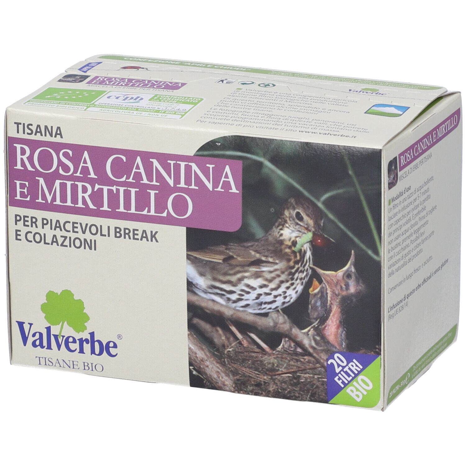 Scatola con testo: Rosa Canina e Mirtillo, 20 filtri, Valverbe. Certificazione bio. Immagine: uccello che nutre il suo piccolo.