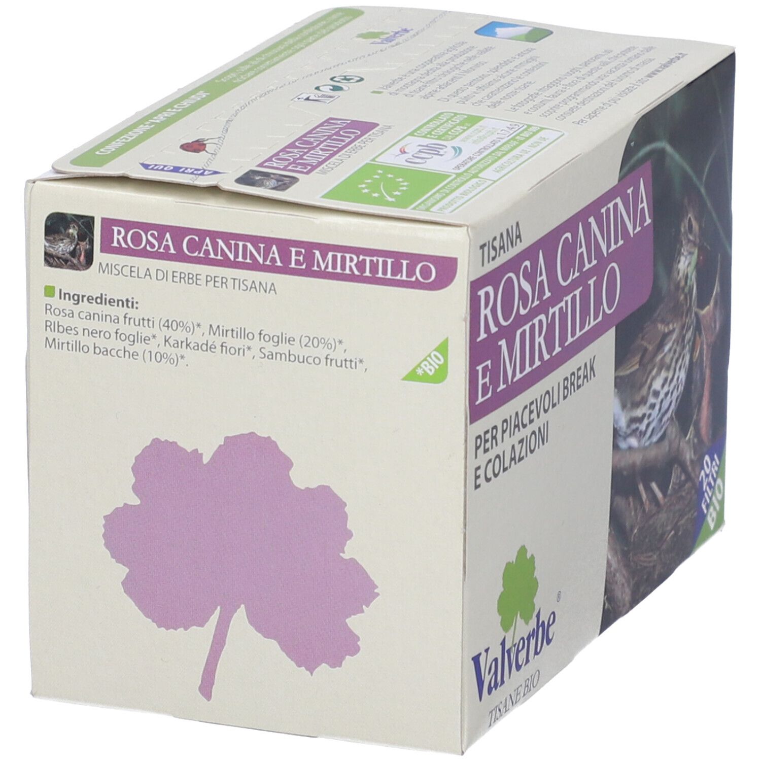 Scatola con testo: Rosa Canina e Mirtillo, 20 filtri, Valverbe. Certificazione bio. Immagine: uccello che nutre il suo piccolo.