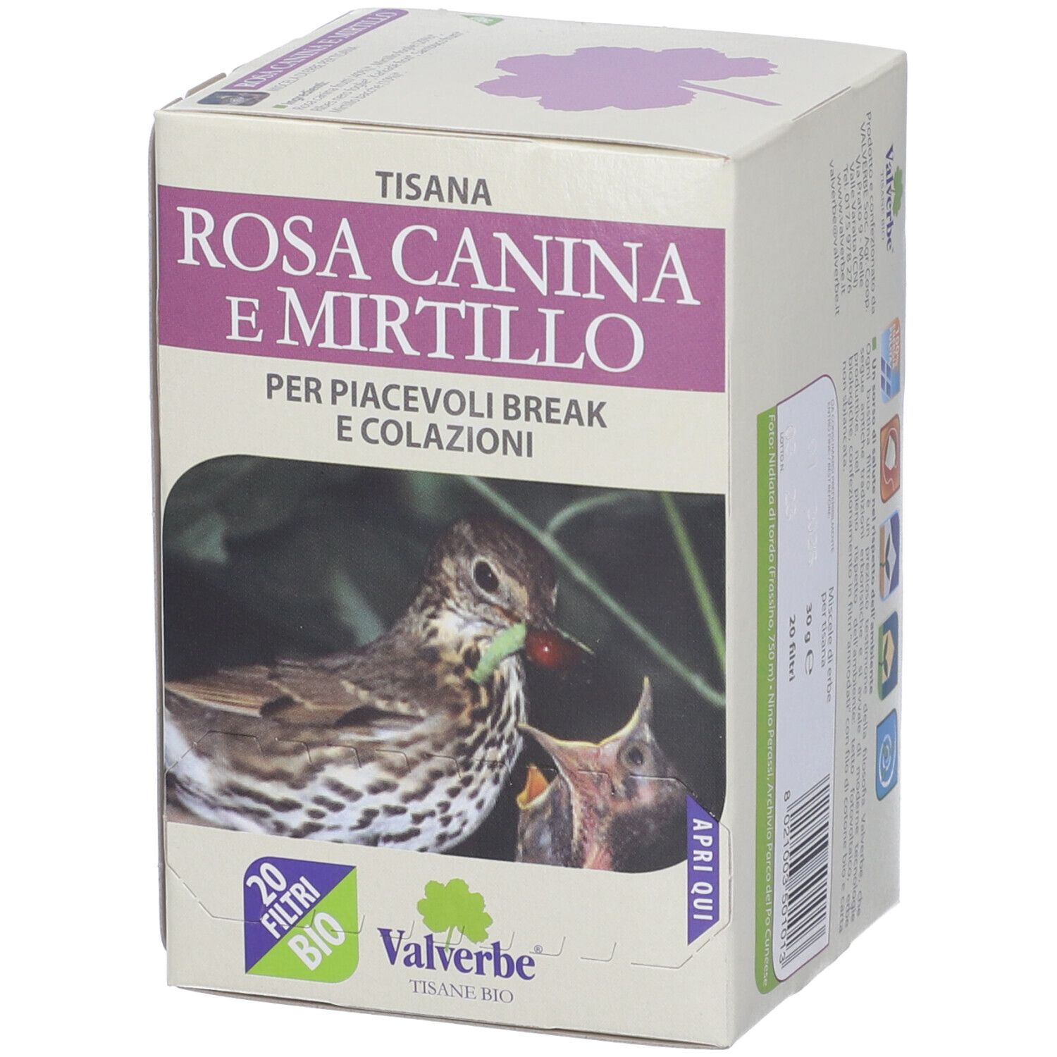 Scatola con testo: Rosa Canina e Mirtillo, 20 filtri, Valverbe. Certificazione bio. Immagine: uccello che nutre il suo piccolo.