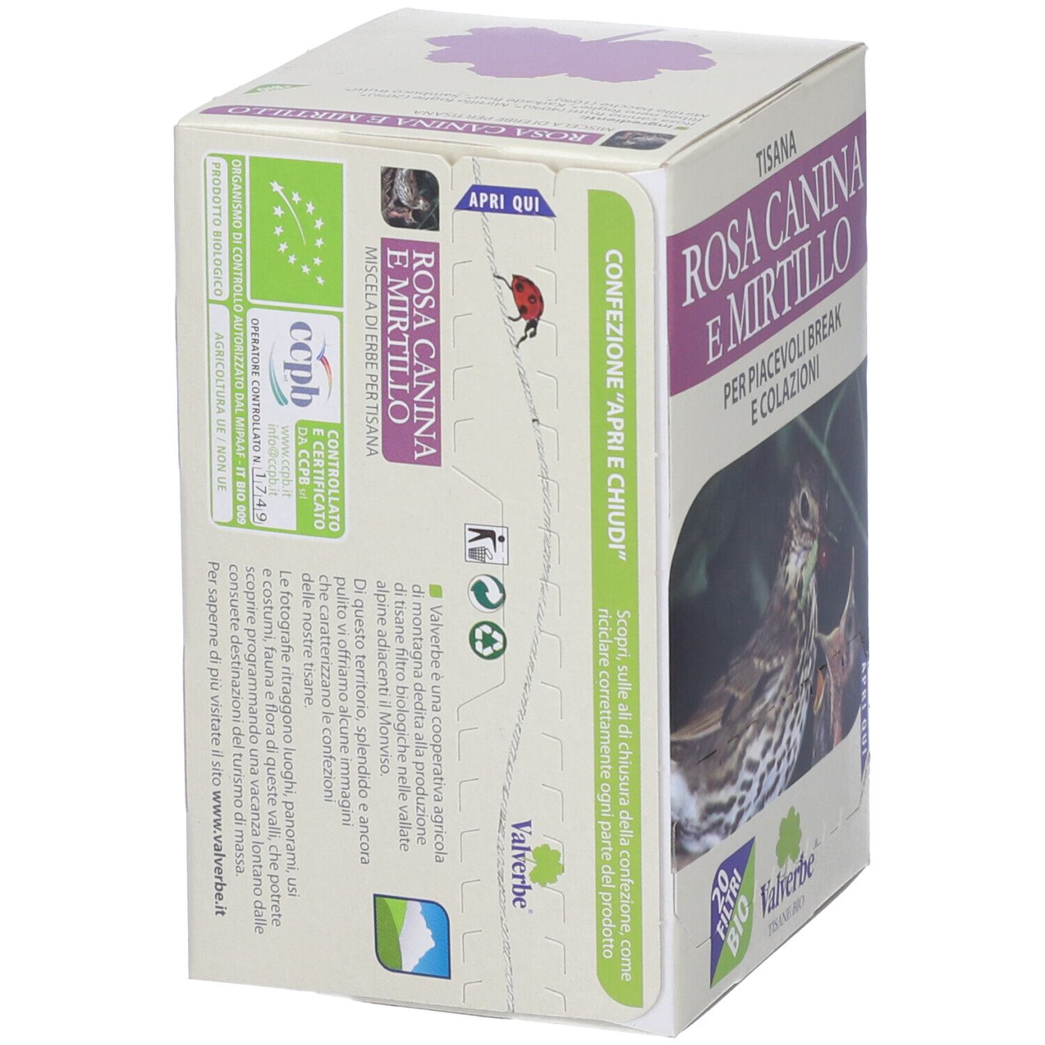 Scatola con testo: Rosa Canina e Mirtillo, 20 filtri, Valverbe. Certificazione bio. Immagine: uccello che nutre il suo piccolo.