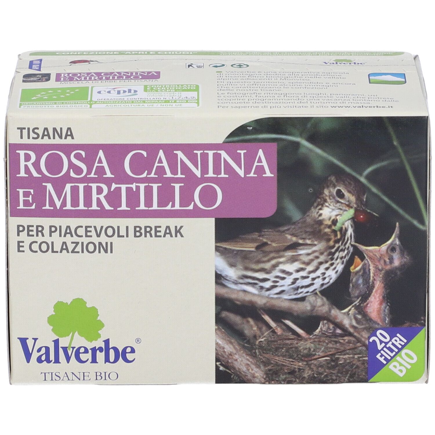 Scatola con testo: Rosa Canina e Mirtillo, 20 filtri, Valverbe. Certificazione bio. Immagine: uccello che nutre il suo piccolo.