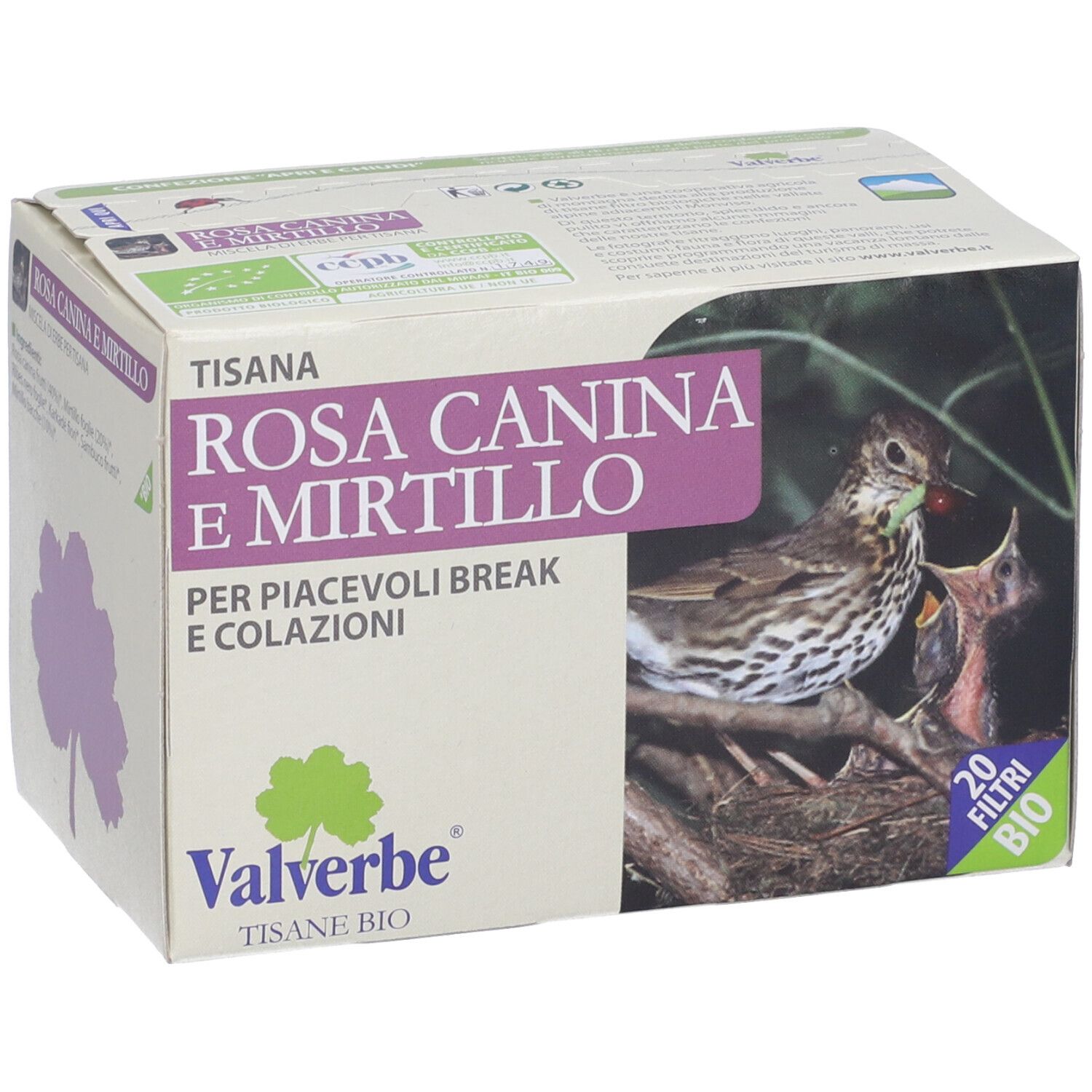 Scatola con testo: Rosa Canina e Mirtillo, 20 filtri, Valverbe. Certificazione bio. Immagine: uccello che nutre il suo piccolo.
