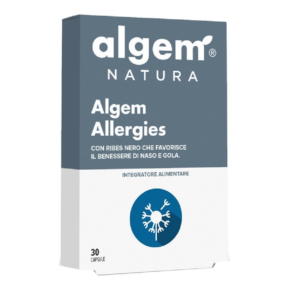 Scatola di capsule Algem Allergies. Confezione bianca e blu con nome e logo del prodotto. 30 capsule.