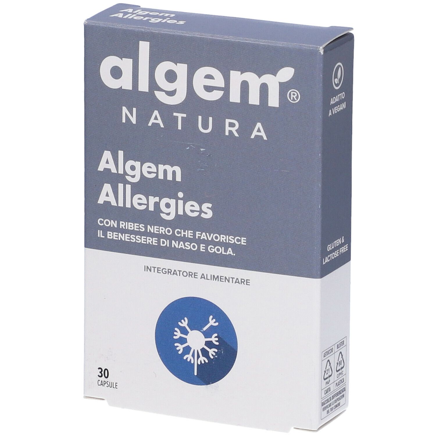 Scatola di capsule Algem Allergies. Confezione con logo, nome del prodotto e 'Senza glutine e lattosio'.