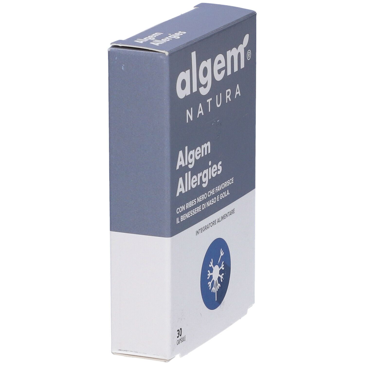 Scatola di capsule Algem Allergies. Confezione con logo, nome del prodotto e 'Senza glutine e lattosio'.