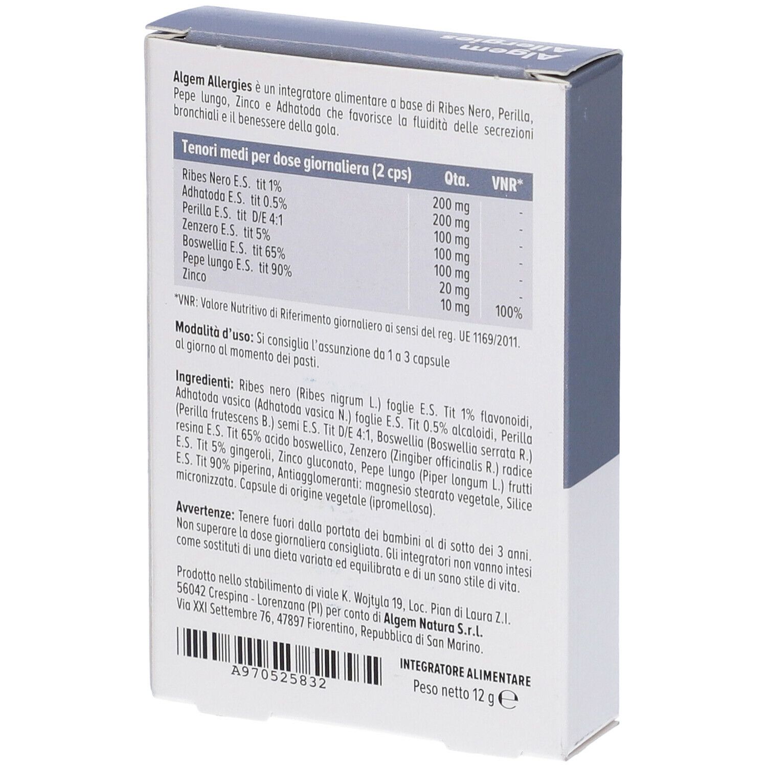 Retro della confezione di capsule Algem Allergies. Contiene informazioni nutrizionali e ingredienti.