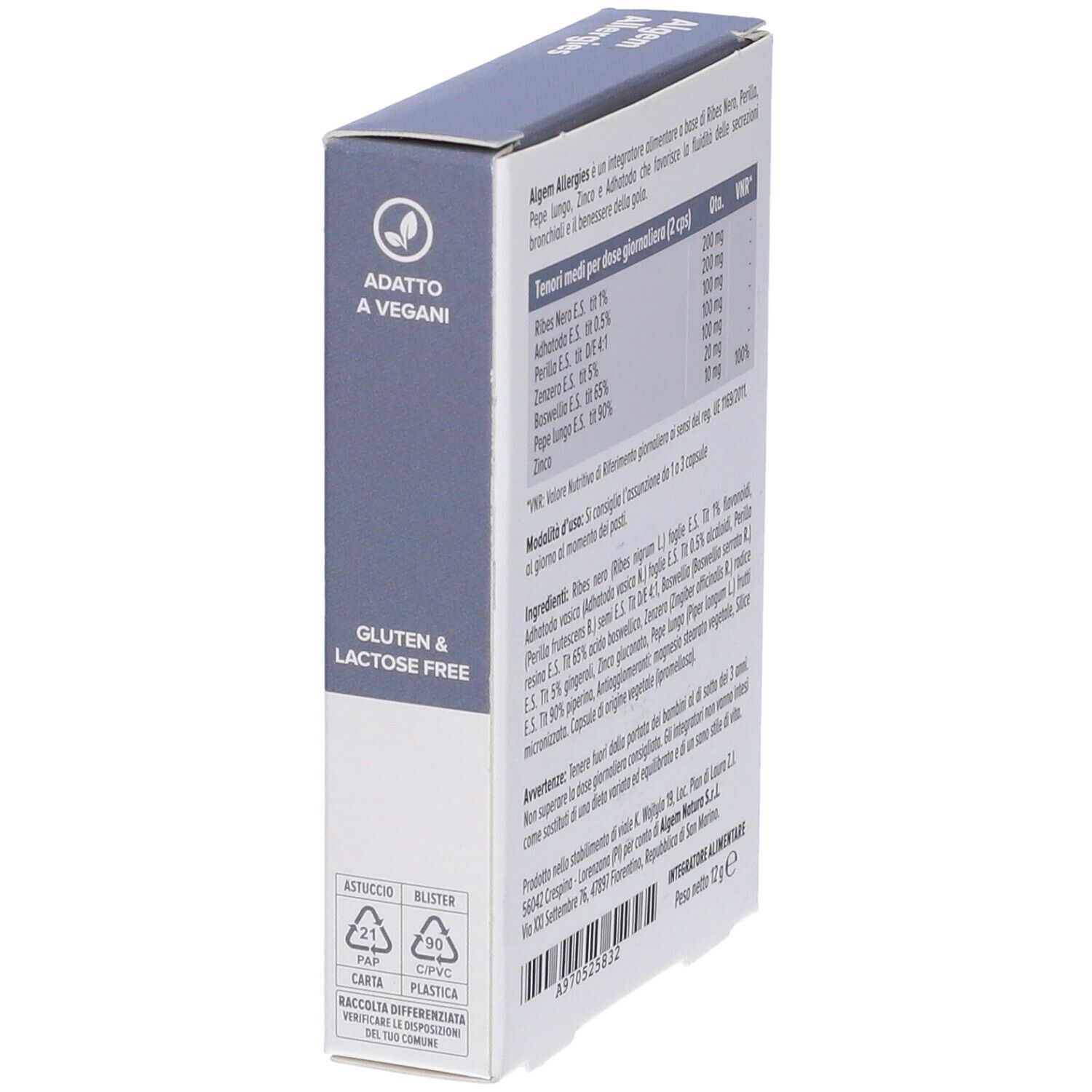 Retro della confezione di capsule Algem Allergies. Contiene informazioni nutrizionali e ingredienti.