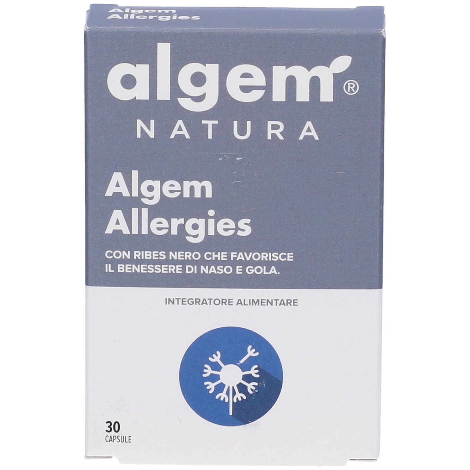 Scatola di capsule Algem Allergies. Confezione bianca e blu con nome e logo del prodotto. 30 capsule.