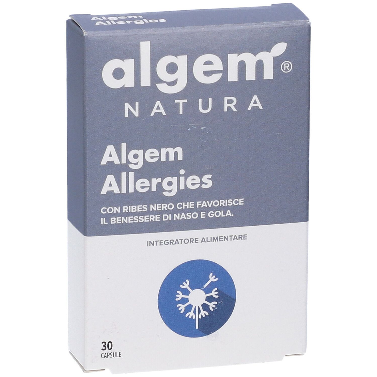 Scatola di capsule Algem Allergies. Confezione bianca e blu con nome e logo del prodotto. 30 capsule.