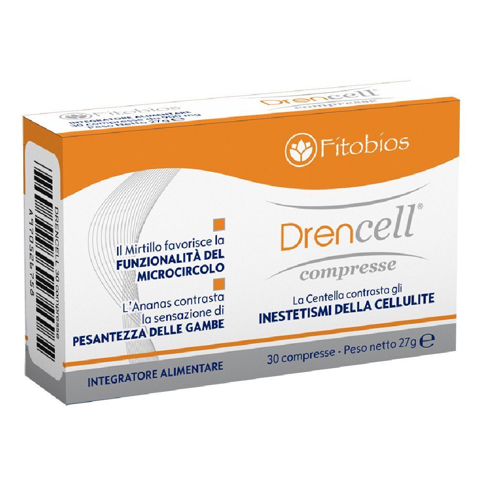 Scatola di compresse Fitobios Drencell. Design arancione e bianco con nome del prodotto e informazioni. 30 compresse.