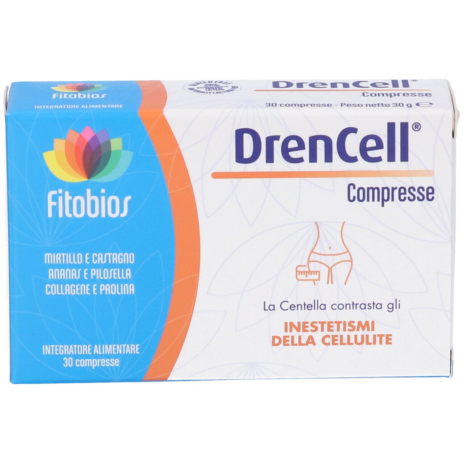 Scatola di compresse Fitobios Drencell. Design blu e bianco con nome del prodotto e informazioni. 30 compresse.