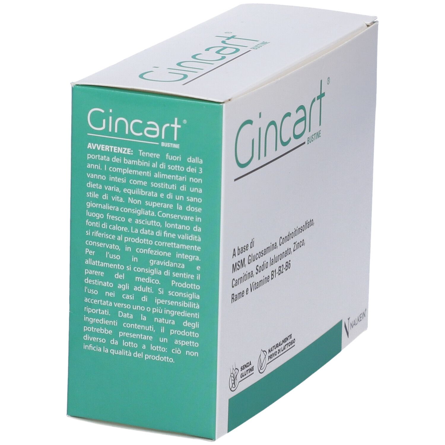 Confezione Gincart, angolata. Scatola bianca con dettagli verdi. Contiene bustine. Scritte: Gincart, senza glutine, senza lattosio.