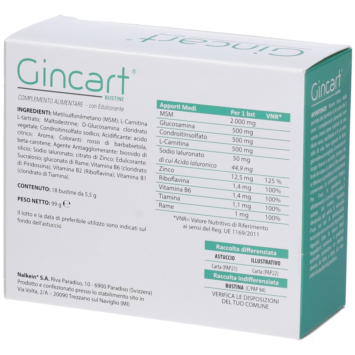 Confezione Gincart. Retro con ingredienti e valori nutrizionali. Contiene 18 bustine. Peso: 99 g.