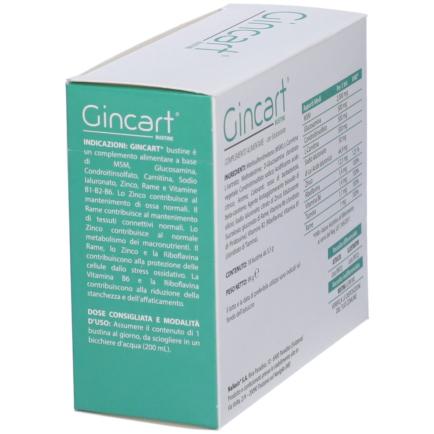 Confezione Gincart, angolata. Retro con ingredienti e valori nutrizionali. Contiene 18 bustine. Peso: 99 g.