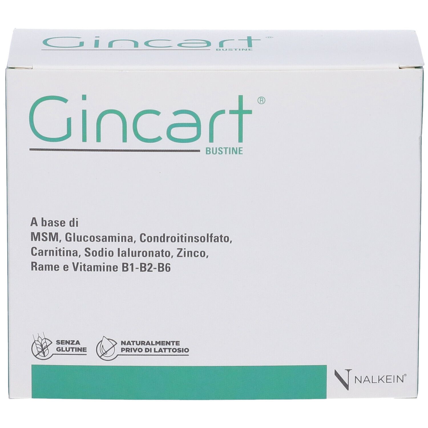 Confezione Gincart. Scatola bianca con dettagli verdi. Scritte: Gincart, senza glutine, senza lattosio.