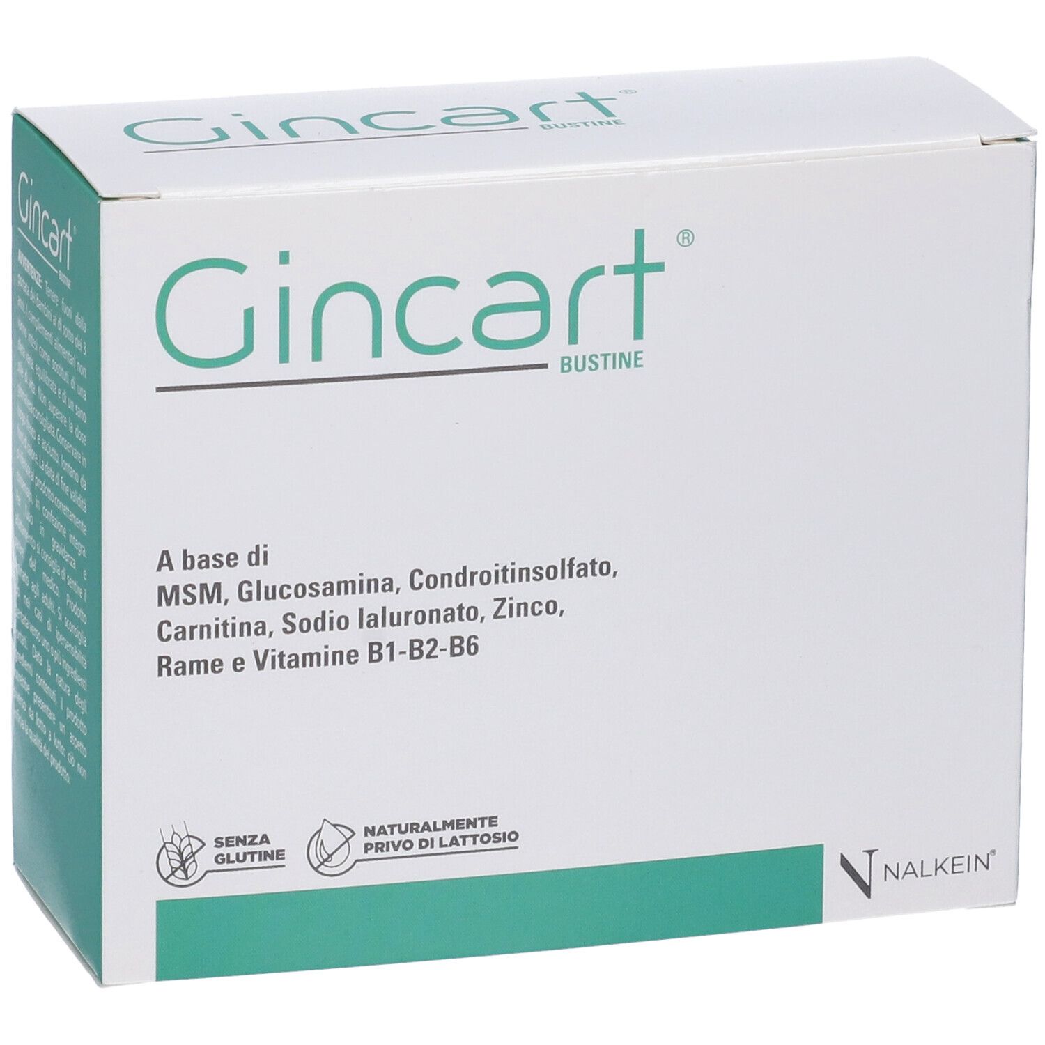 Confezione Gincart. Scatola bianca con dettagli verdi. Scritte: Gincart, senza glutine, senza lattosio.