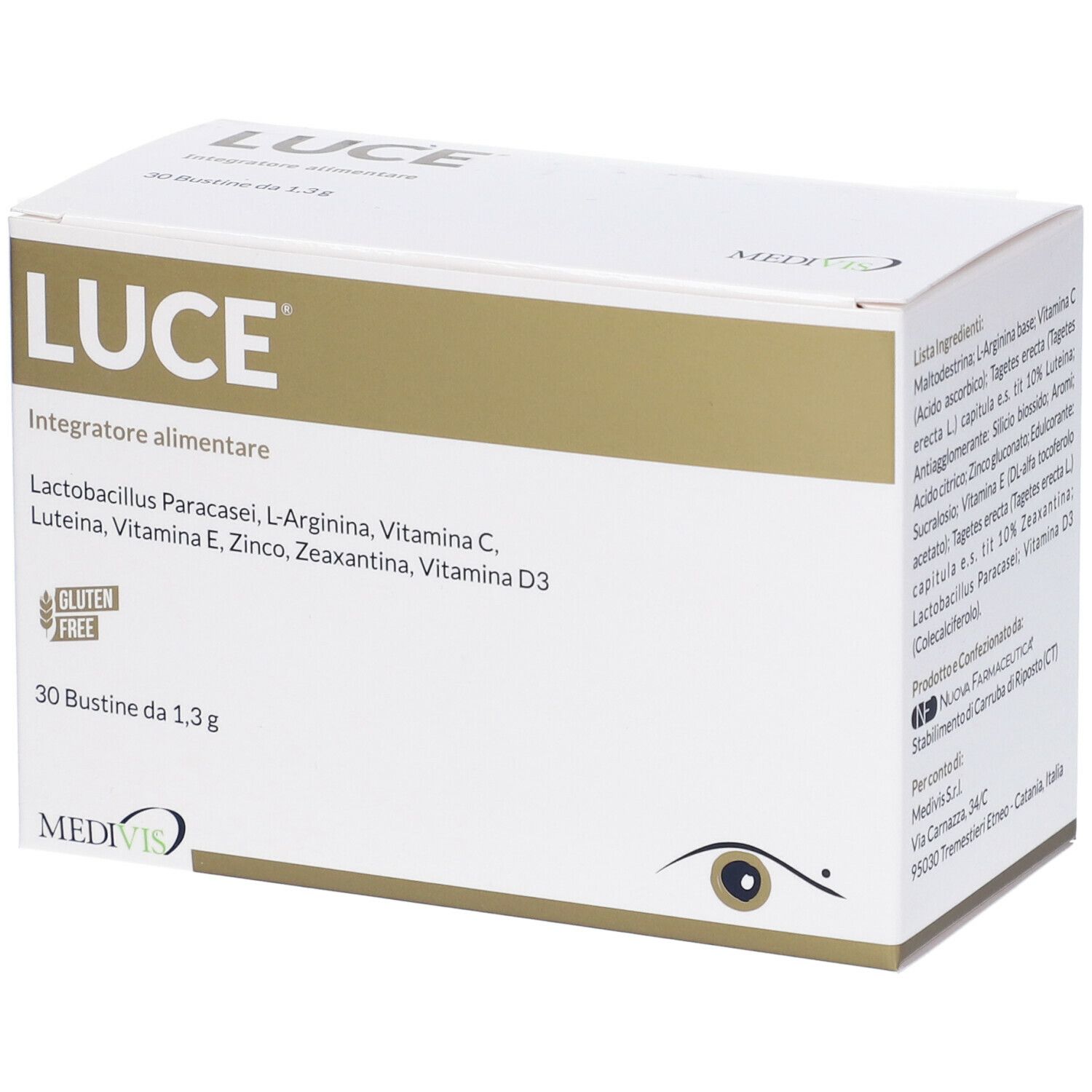 Scatola di integratore alimentare "LUCE". Contiene 30 bustine. Scritta: Senza glutine. Marchio: MEDIVIS.