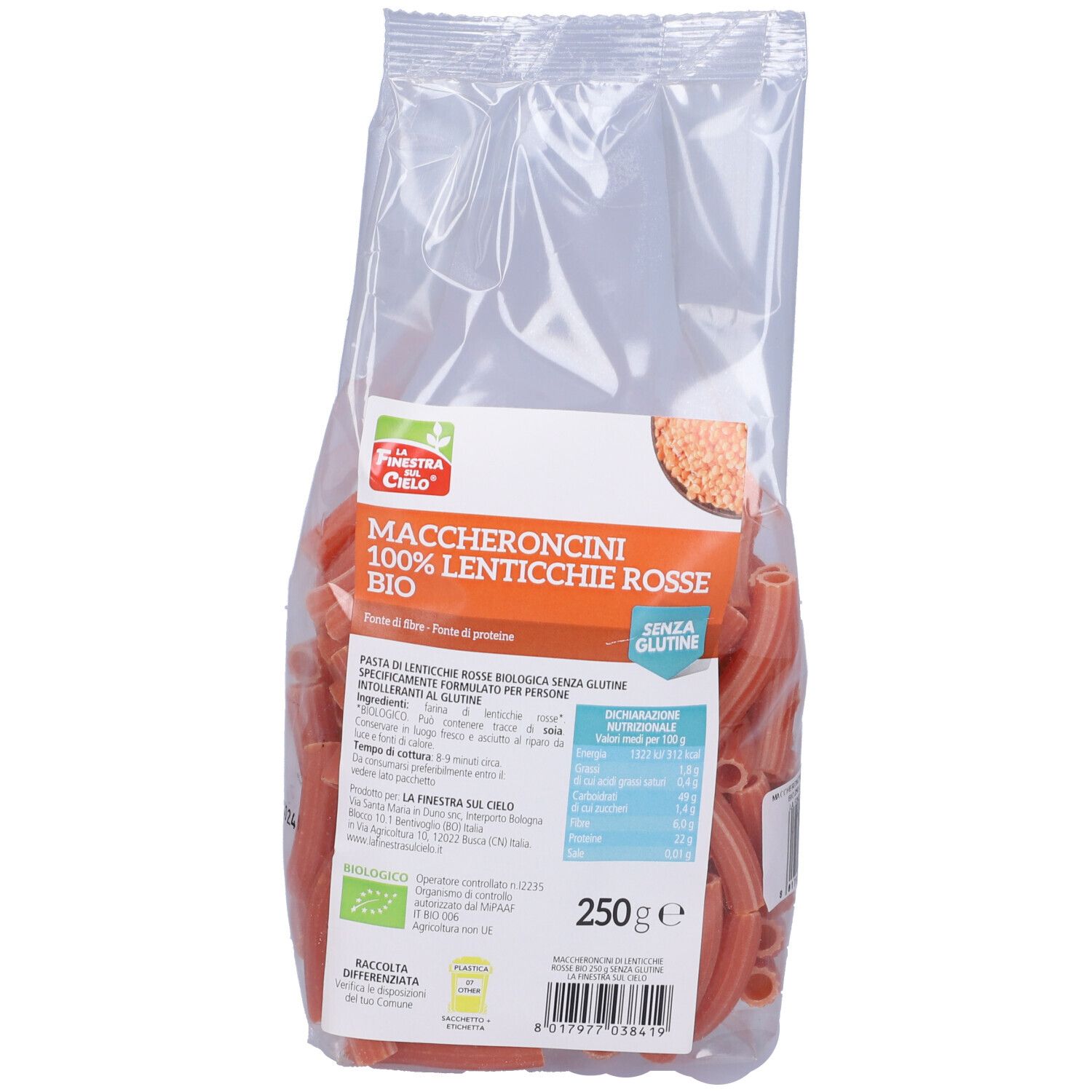 Confezione trasparente con pasta Maccheroncini rossa. Etichetta con informazioni e marchio bio.