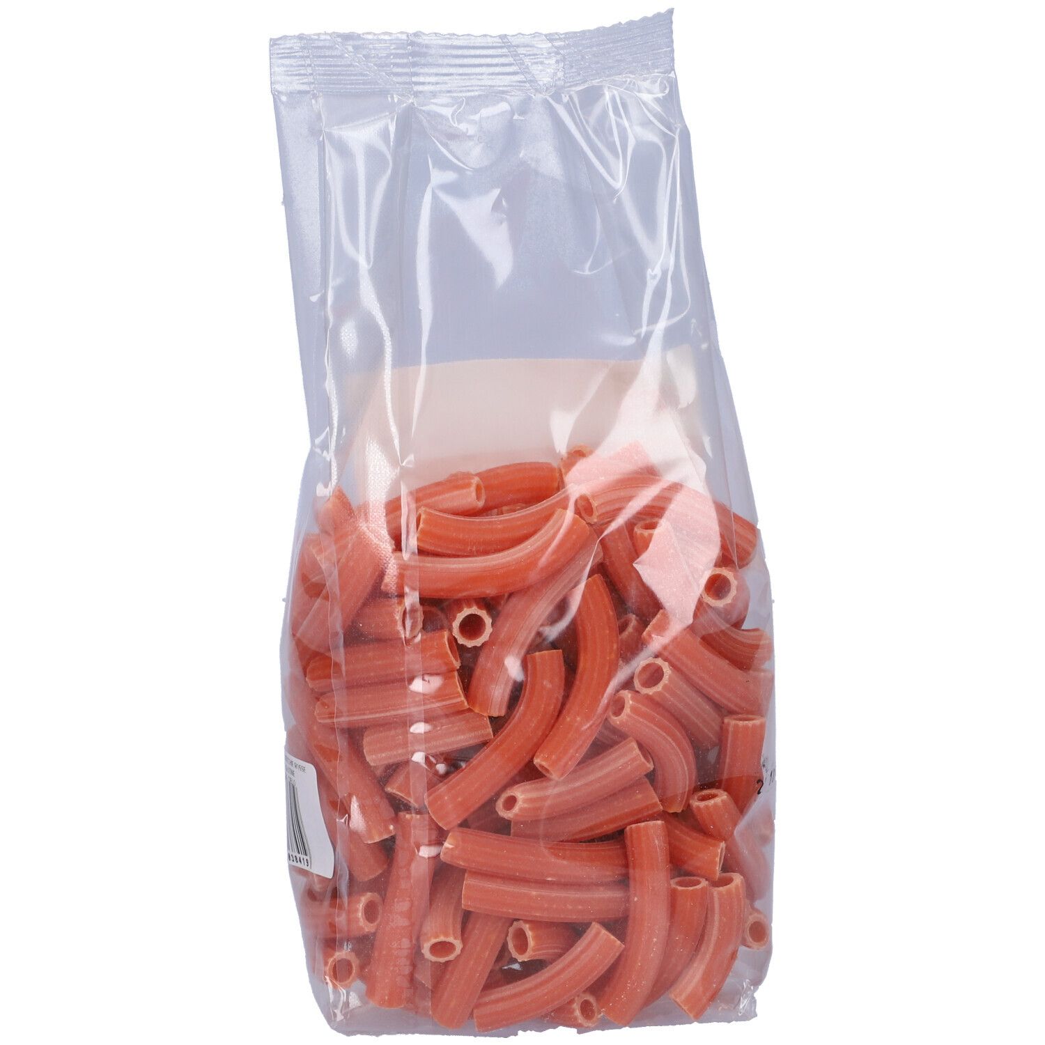 Confezione trasparente con pasta Maccheroncini rossa. Vista laterale del prodotto.