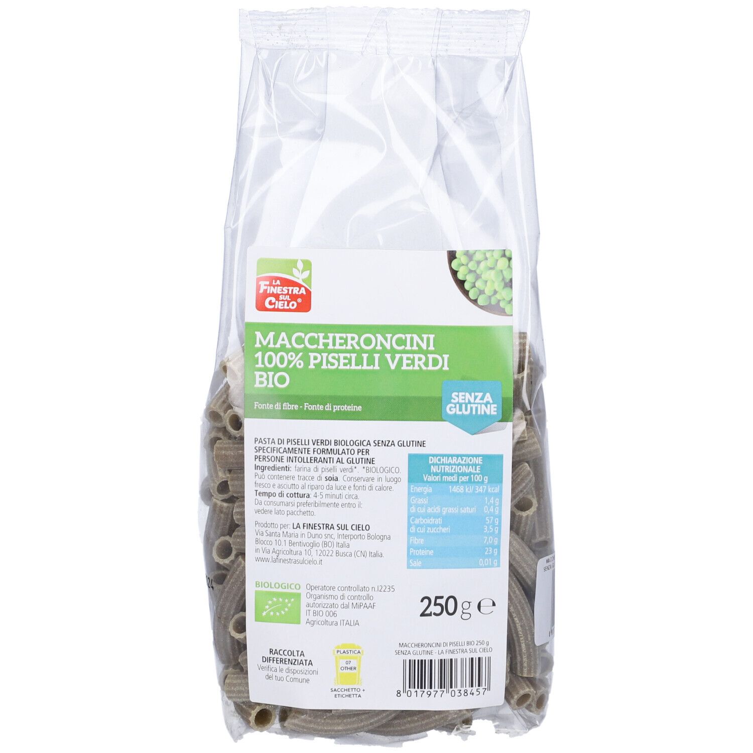 Confezione di Maccheroncini Piselli Verdi Bio. Scritta verde, senza glutine. 250g. Informazioni nutrizionali.