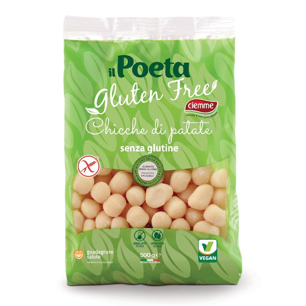 Confezione di Il Poeta Gluten Free Chicche di patate. Confezione verde con nome prodotto e indicazione senza glutine. 500g.